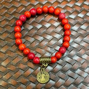 Red Beaded Bracelet with Gold St. Benedict Charm